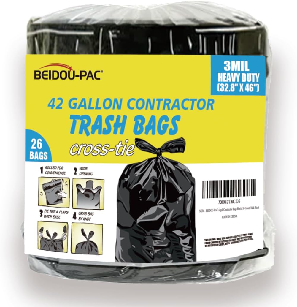 Contractor Heavy Duty Trash Bags 42 Gallon | 26 Count | 3 MIL | 32.8" X 46" | Large Black Flap Tie