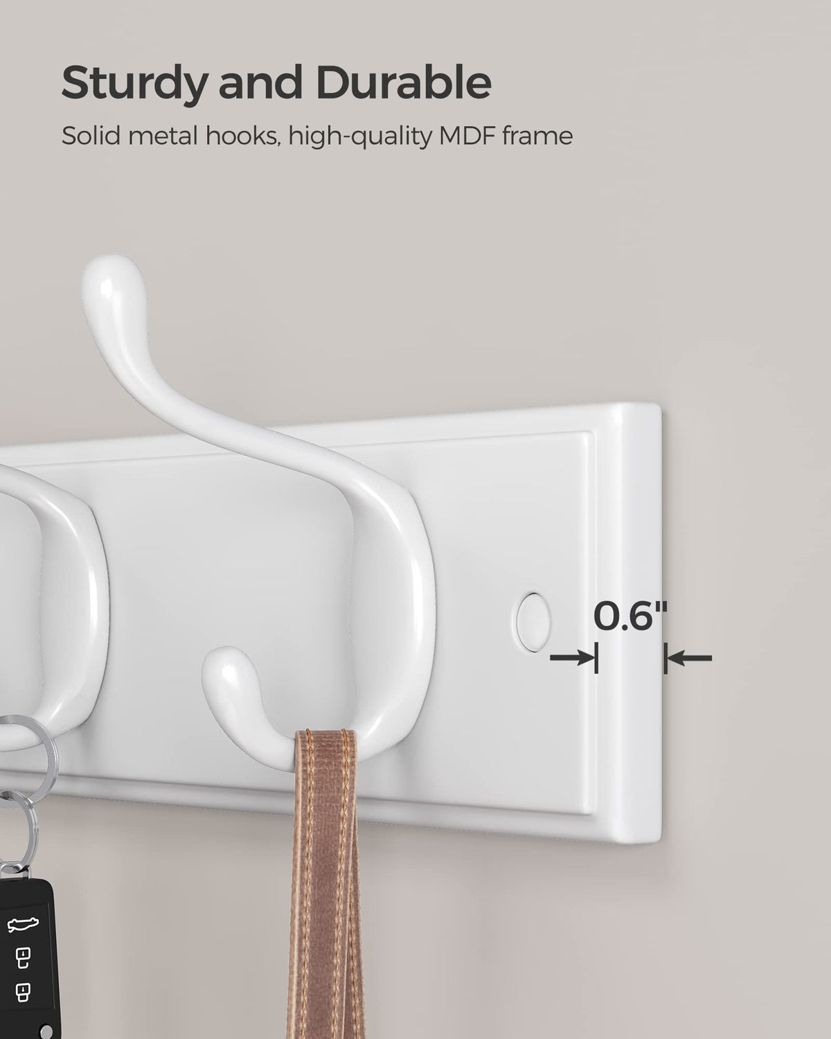 SONGMICS Wall-Mounted Coat Rack, Hook Rack, 4 Dual Metal Hooks, White