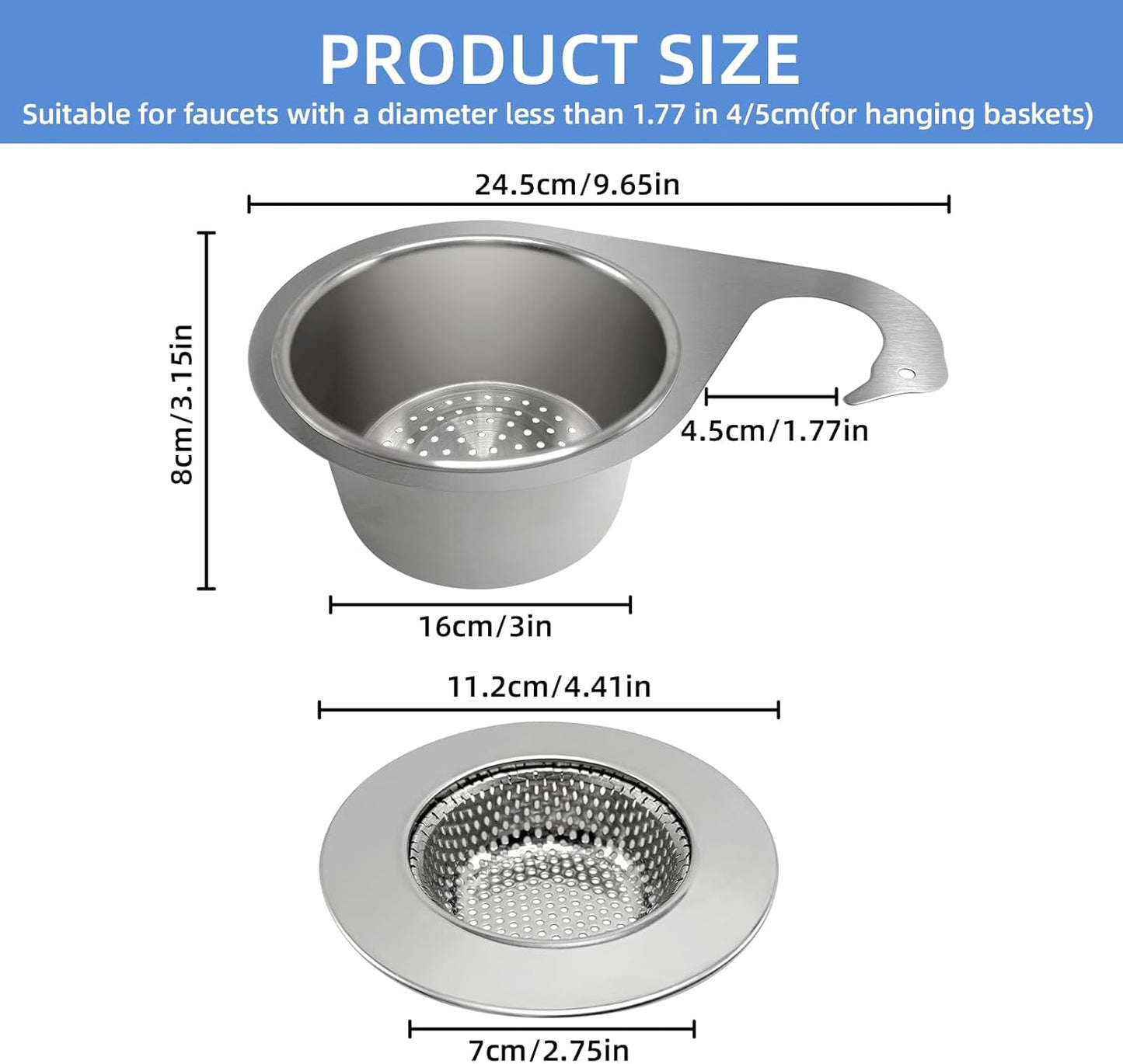 Stainless Steel Drainage Basket, Corner Sink Filter Basket,4.5-inch Sink Drainage Filter and Faucet
