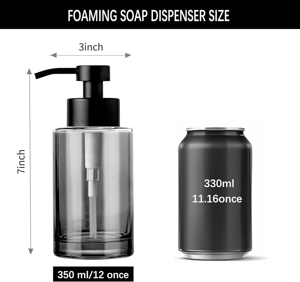 Enra Foaming Soap Dispenser, 12oz Black Thick Glass Bathroom and Kitchen Soap Dispenser with