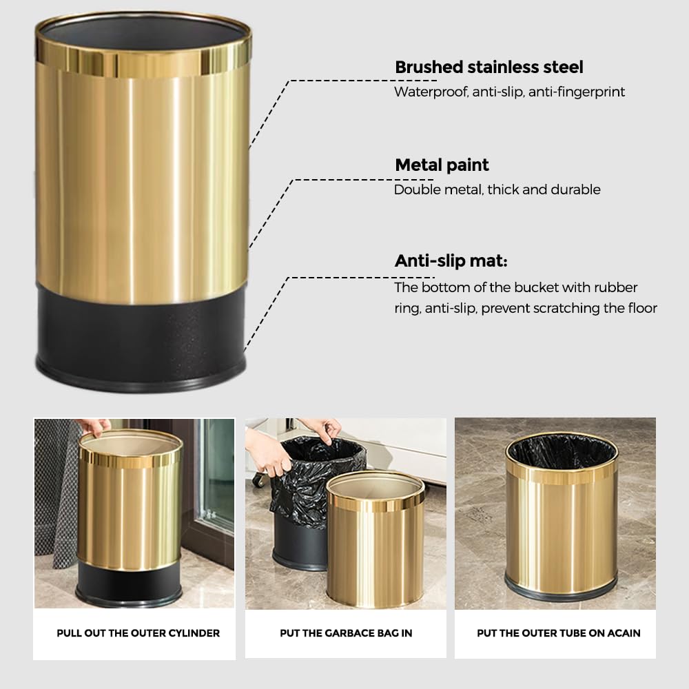 2.6Gallon/10L Brass Gold Bathroom Trash Can - Gold Waste Basket for Bedroom, Office, Store - Metal