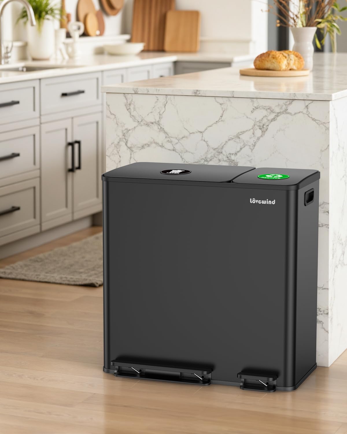 Dual Trash and Recycling Bins for Kitchen, 13.2 + 5.2 Gal (50+20L) Stainless Steel Trash and