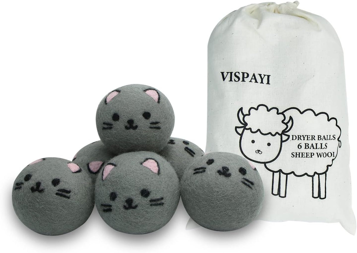 Dryer Balls Laundry Reusable - XL Wool Dryer Balls - Handmade Cute Cat Shape 6 Pack, Extra Large