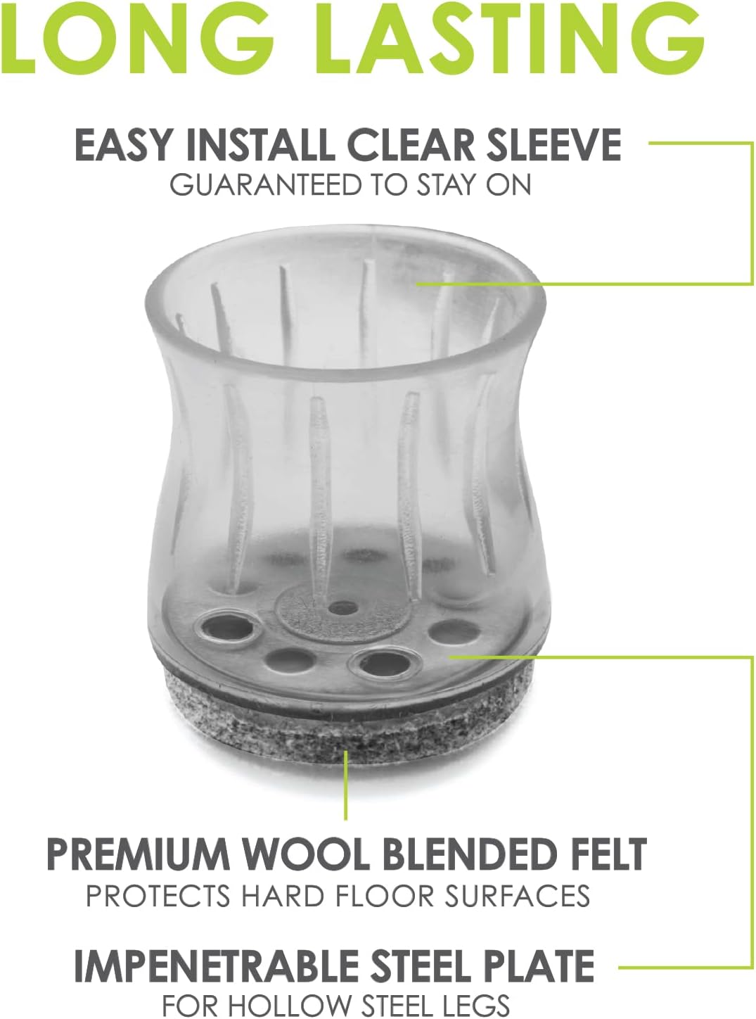 Slipstick GorillaFelt Chair Leg Floor Protectors for Hardwood Floors, Clear Sleeve Felt Pads for