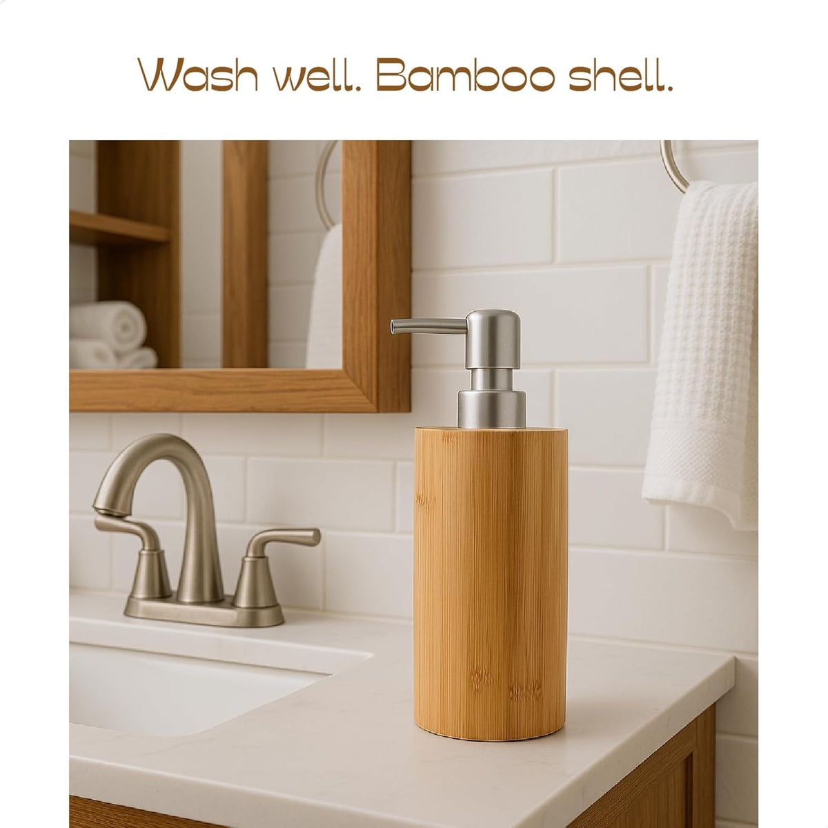 Natural Bamboo Liquid Soap Dispenser, 10 oz with Silver Plastic Pump, Refillable Hand Soap