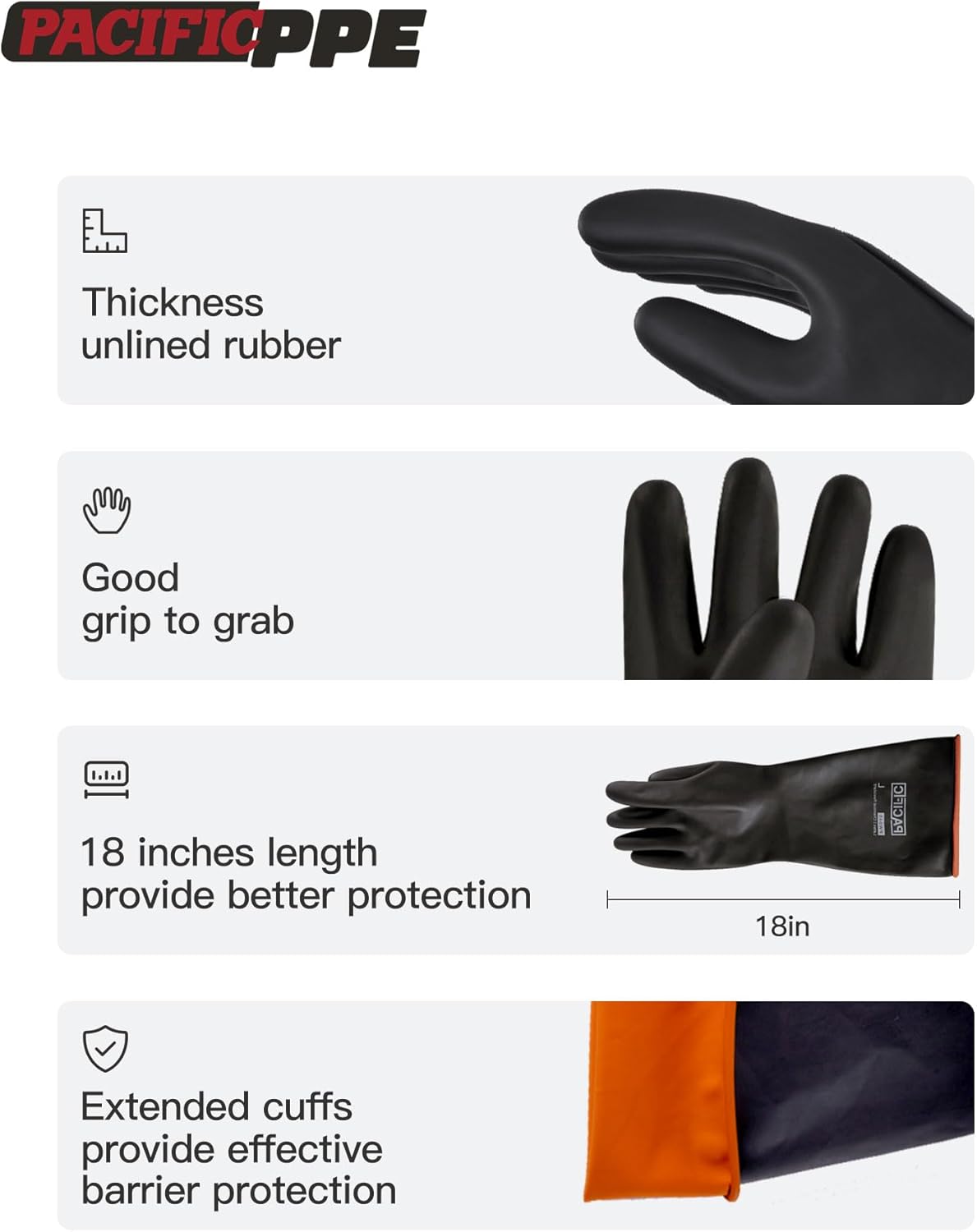 PACIFIC PPE Heavy Duty Latex Chemical Gloves, Strong Acid Resistance Rubber Gloves, Against Alkali