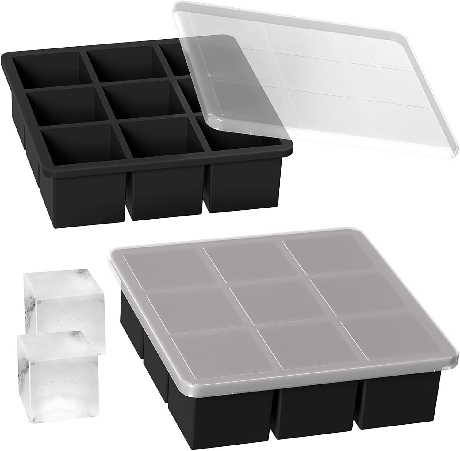 WonderWorld Ice Cube Tray, 9 Portions Gaint Silicone Freezer Tray with lids, 2 Inch Big Ice Maker
