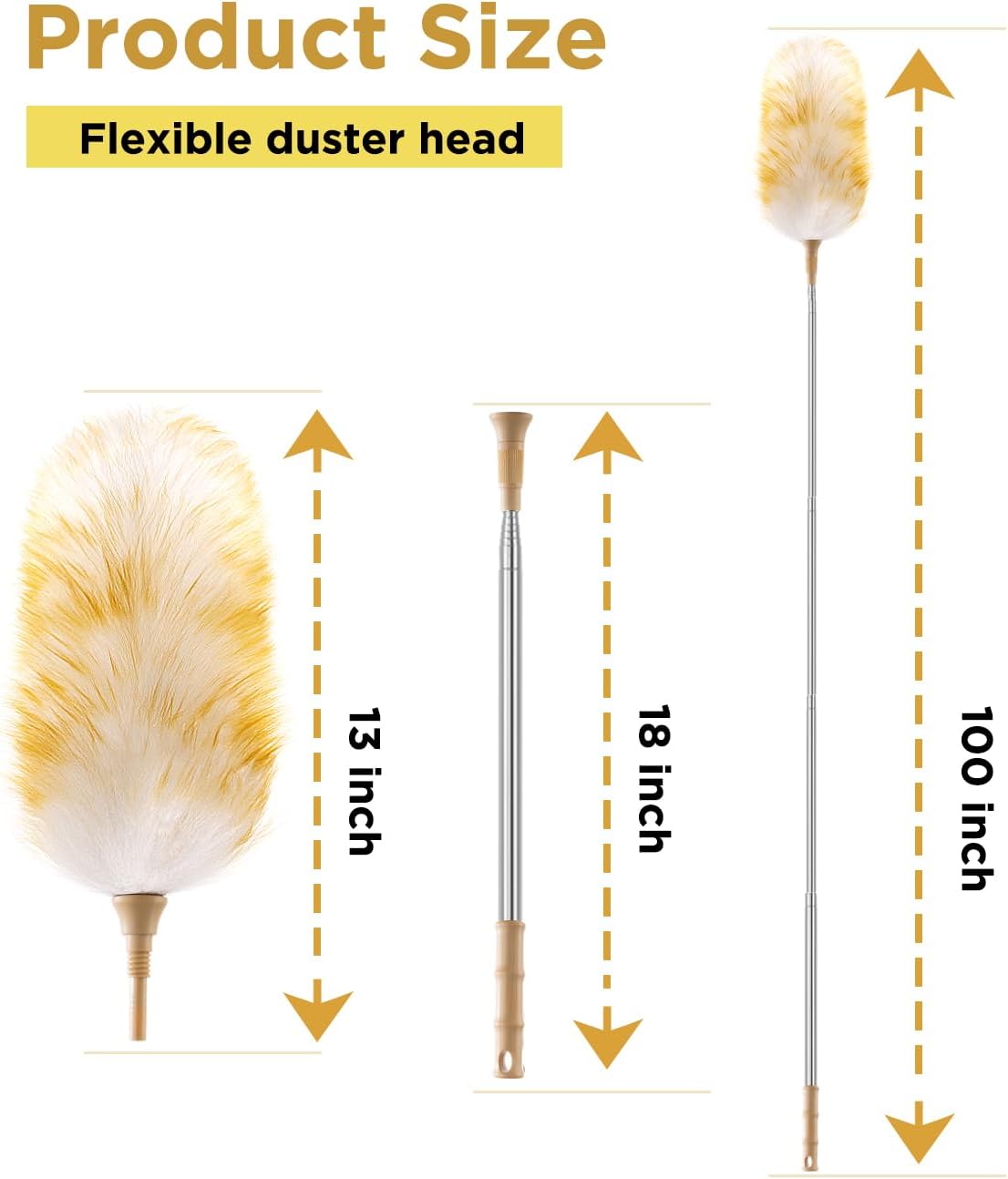 Extendable Lambswool Duster 30-100 Inch, Stainless Steel Long Handle Duster, Natural Feather Duster