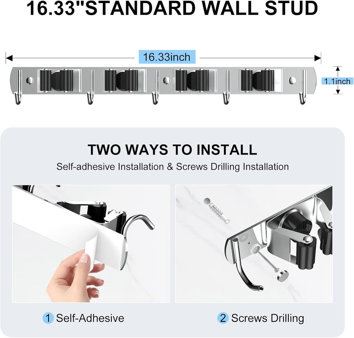 nacena Broom holder Wall Mount, 2-Pack Stainless Steel Self-Adhesive Mop and Broom Hooks Heavy Duty