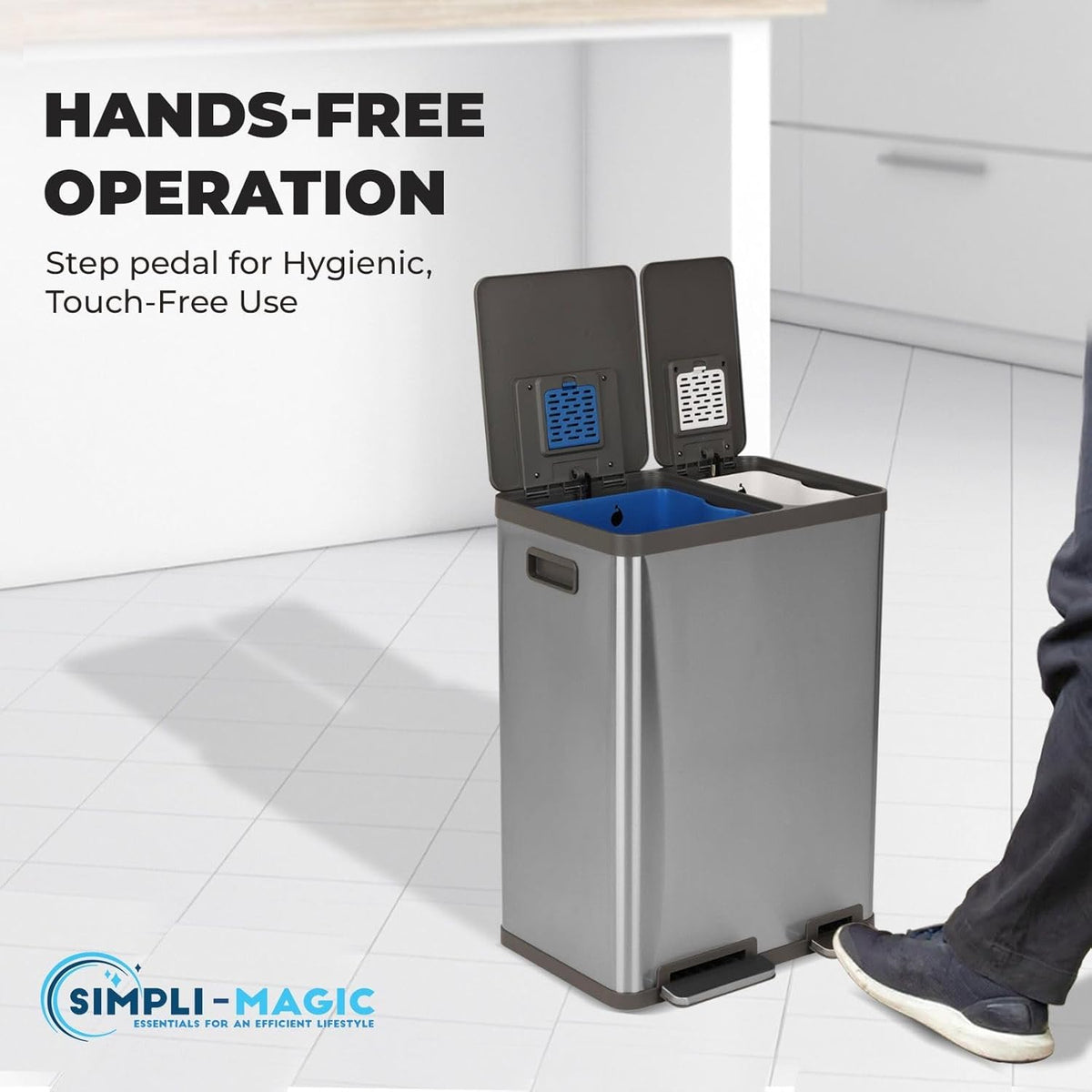 Simpli-Magic 16 Gallon (38L x 22L) Dual Compartment Step Trash Can – Kitchen Garbage Can with Waste