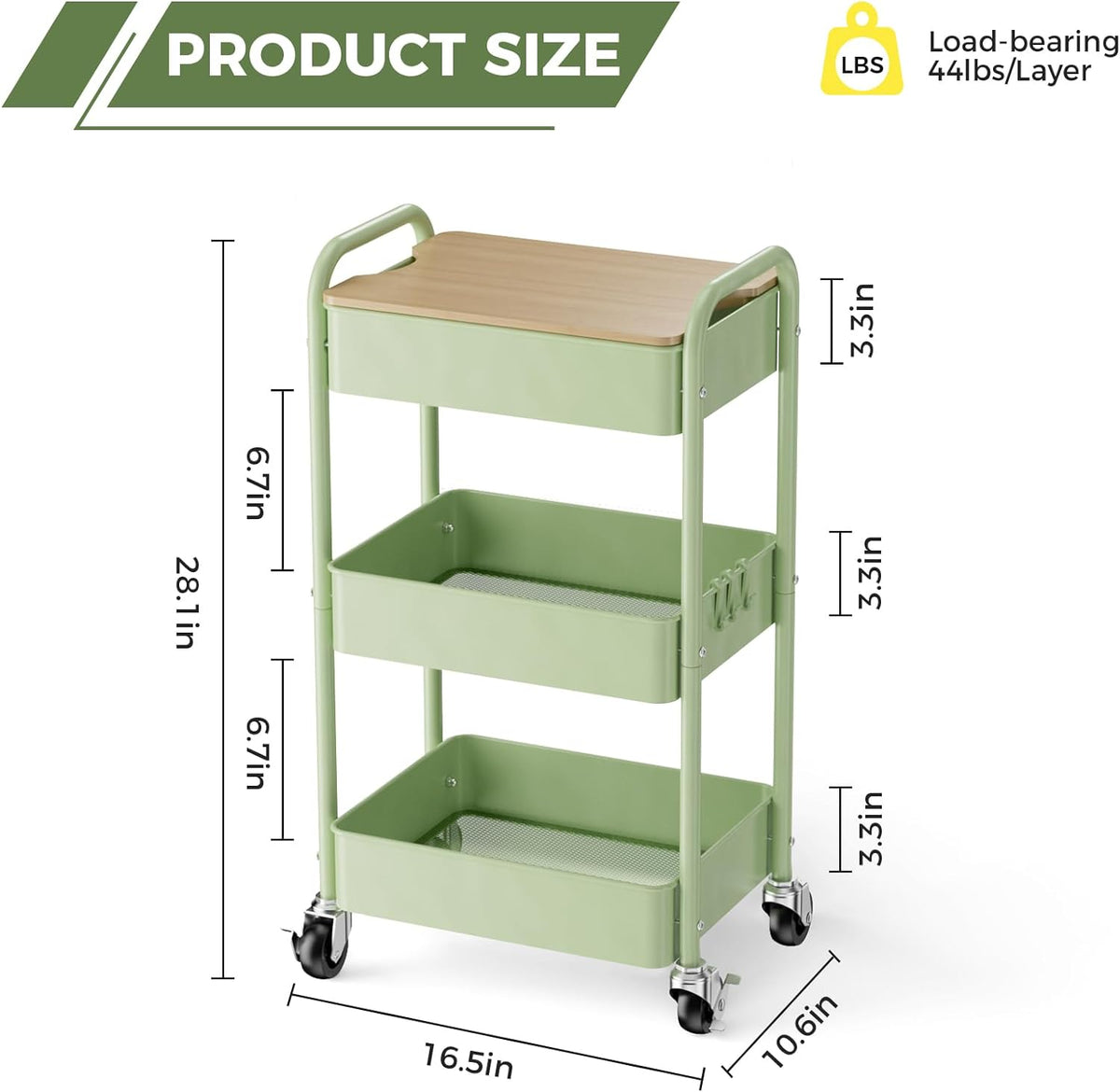 3 Tier Rolling Cart with Table top, Metal Rolling Utility Cart, Sturdy Storage Organizer Cart with