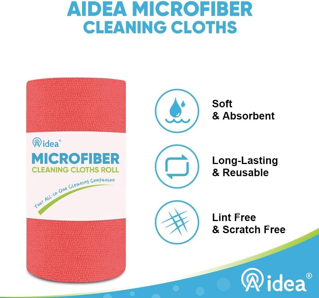 AIDEA Microfiber Cleaning Cloth Roll, 50PK Red, Reusable Paper Towels Tear Away Cloth, Microfiber