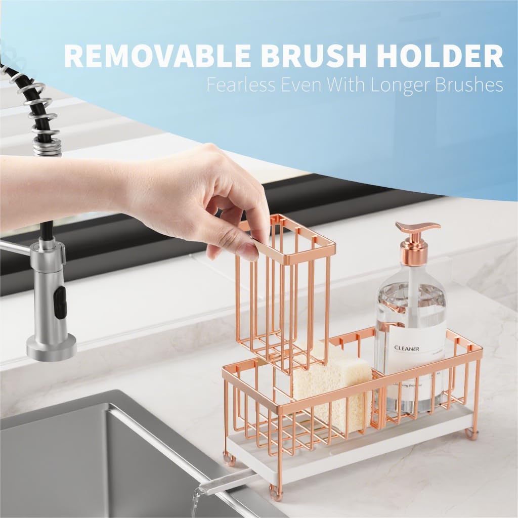 Cisily Rose Gold Sponge Holder for Kitchen Sink, Sink Caddy Organizer with High Brush Holder
