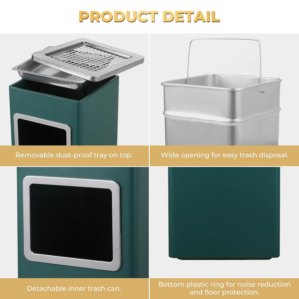 Trash Can Outdoor Waste Container Square Stainless Steel Trash Can with Removable Inner Bucket for