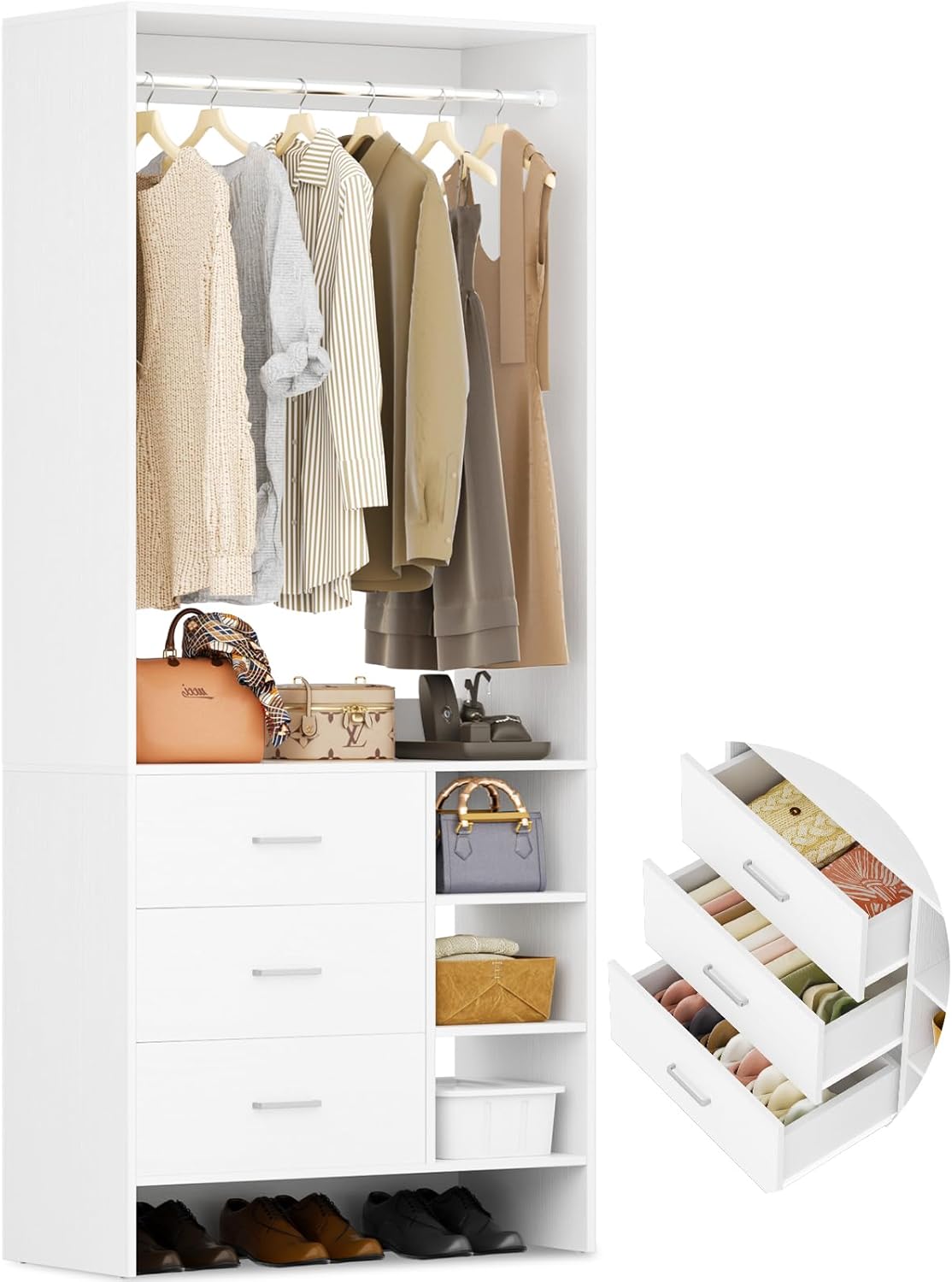 Aheaplus 2.5FT Closet System with 3 Drawers, 29.5’’ Closet Organizer, Wood Closet Organizer System