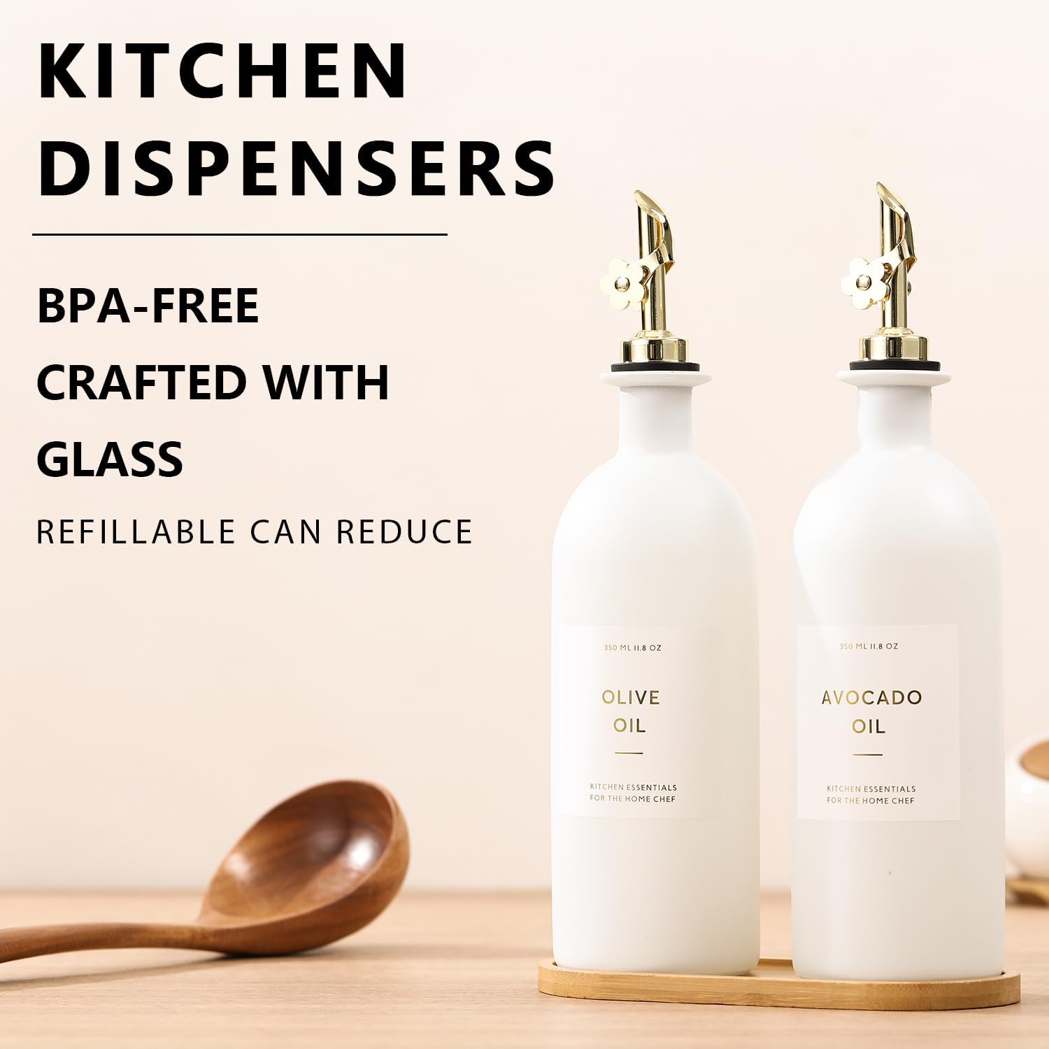 HOMCDALY Olive Oil Dispenser for Kitchen, 16oz Glass Oil Bottles with Bamboo Tray, Gold Oil&Vinegar