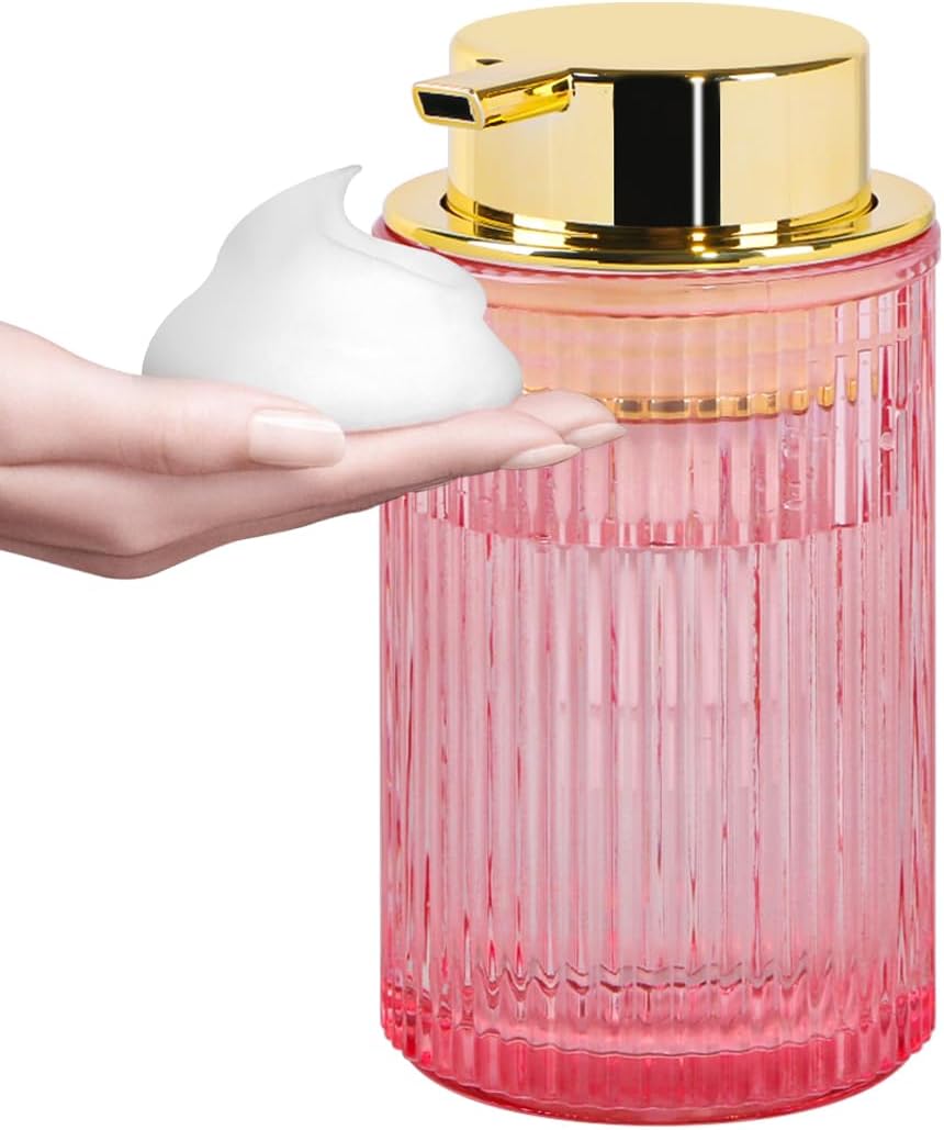Pink Foaming Soap Dispenser, 12 Oz Glass Foaming Hand Soap Dispenser with Gold Pump, Bathroom
