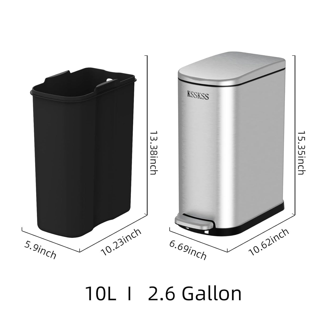 2.6 Gallon Slim Bathroom Trash Can with Soft Close Lid, 10L Stainless Steel Garbage Can with