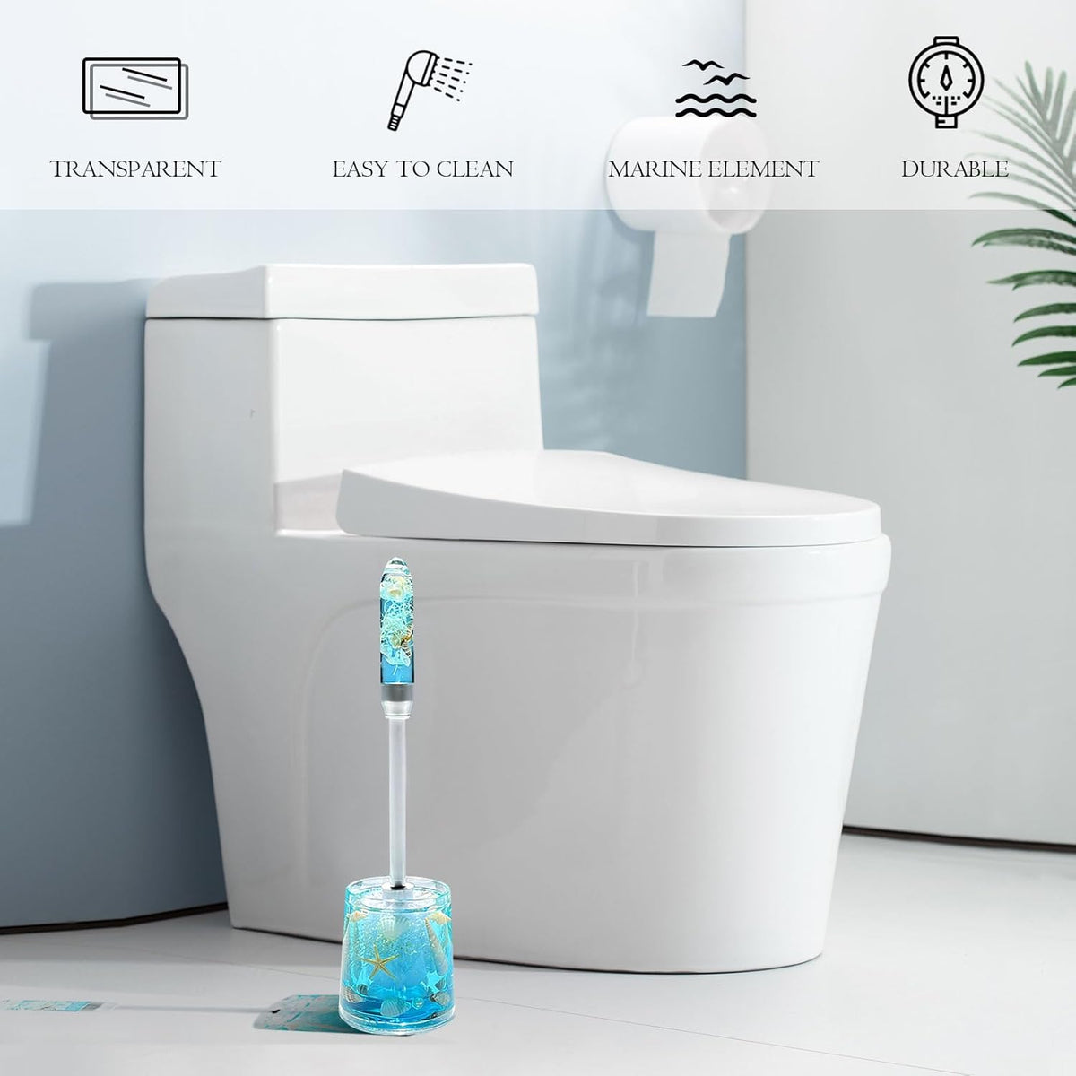 FONMY Toilet Brush and Holder Acrylic with Nature Seashell,Compact Size Toilet Bowl Brush with
