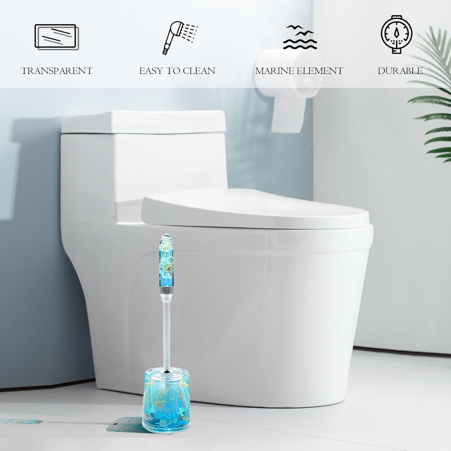 FONMY Toilet Brush and Holder Acrylic with Nature Seashell,Compact Size Toilet Bowl Brush with