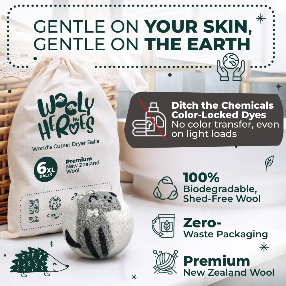 No More Dryer Sheets! Reusable Wool Dryer Balls XL 6-Pack - Reduces Static, Cuts Dry Time, &