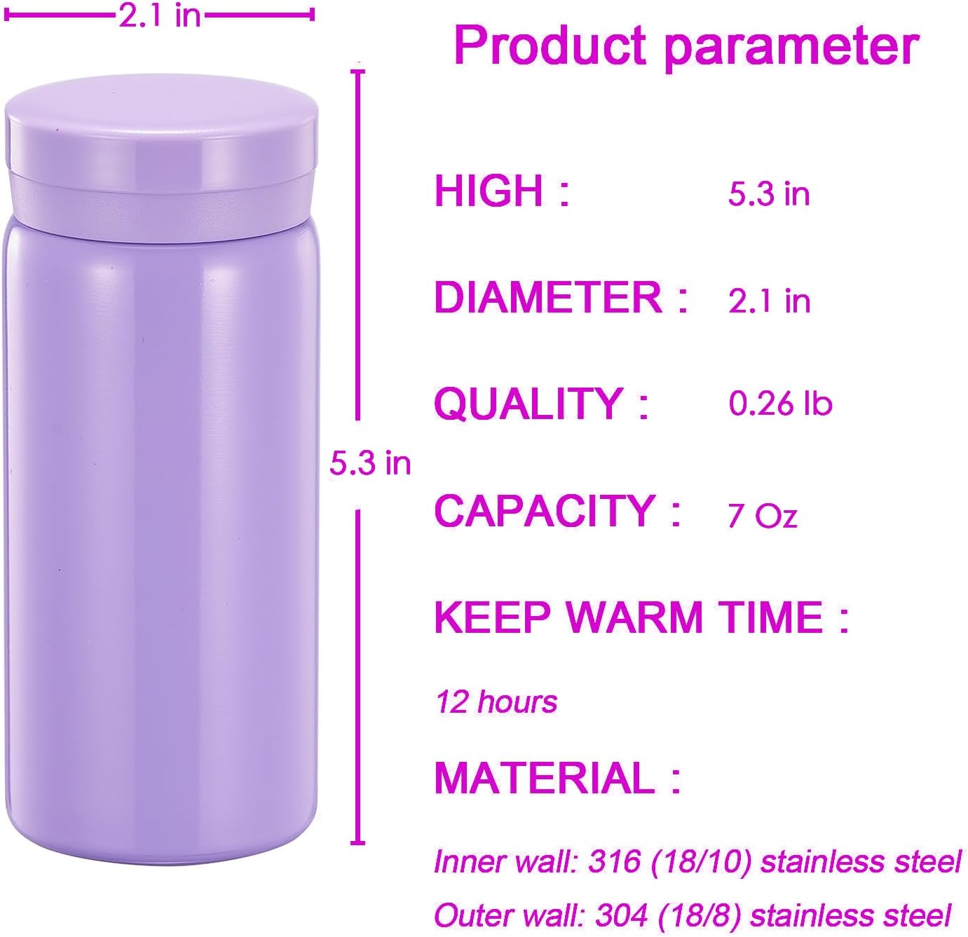Mini Thermos Cute Water Bottle - 7 oz Tiny Insulated Vacuum 18/10 Stainless Steel Small Flask