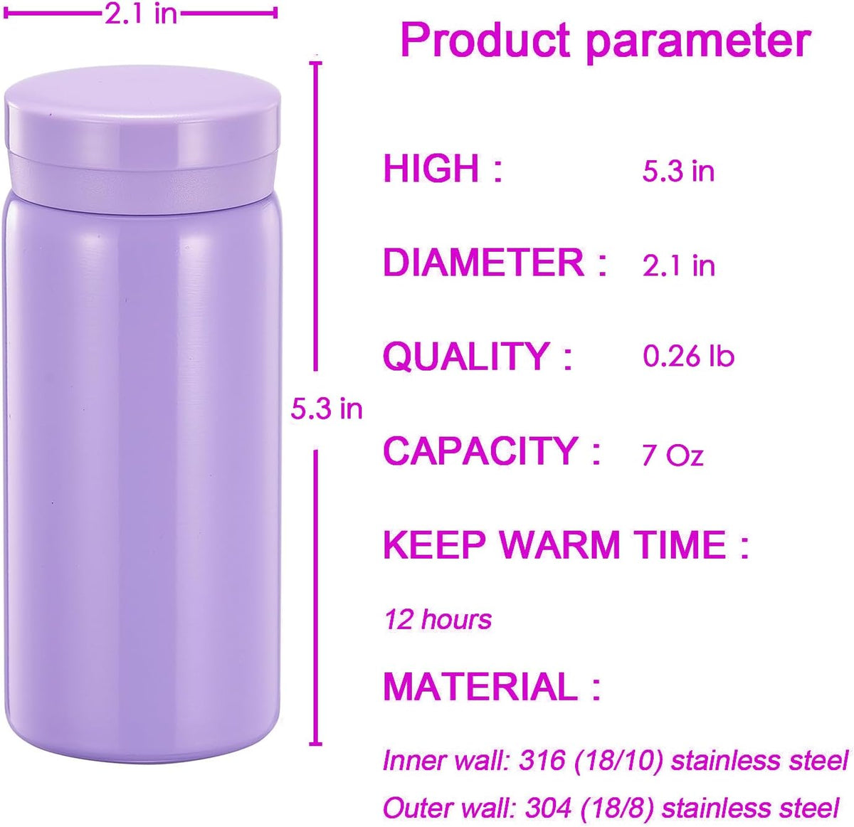 Mini Thermos Cute Water Bottle - 7 oz Tiny Insulated Vacuum 18/10 Stainless Steel Small Flask