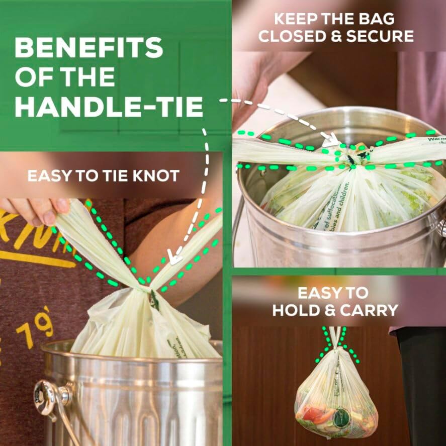 ANECO 100% Compostable Food Waste Bags 2.6 Gallon With Handles, Small Compost Bags for Countertop