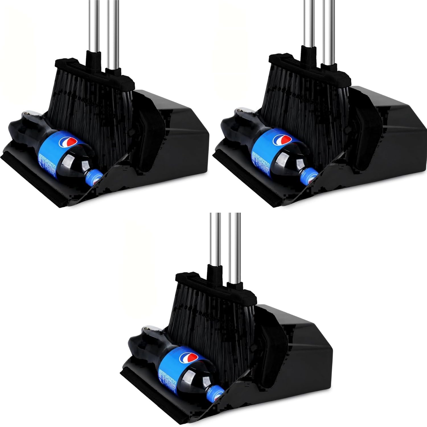 Commercial Broom and Dustpan Set, 3-Pack Broom with Dustpan Combo Set, Industrial Brooms and