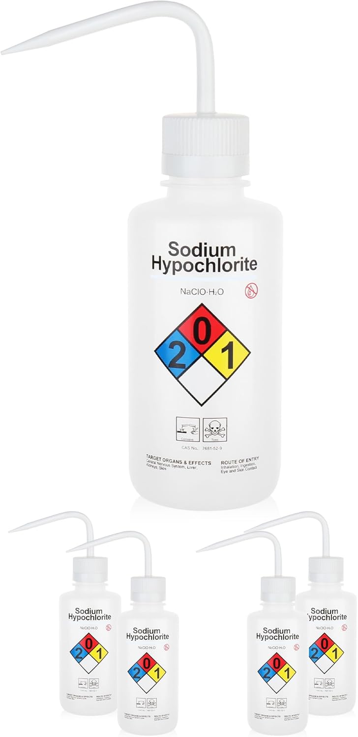 4pcs of Sodium Hypochloride Wash Bottles, Vol.500ml (17oz), Narrow Mouth, Self-Venting Safety Wash