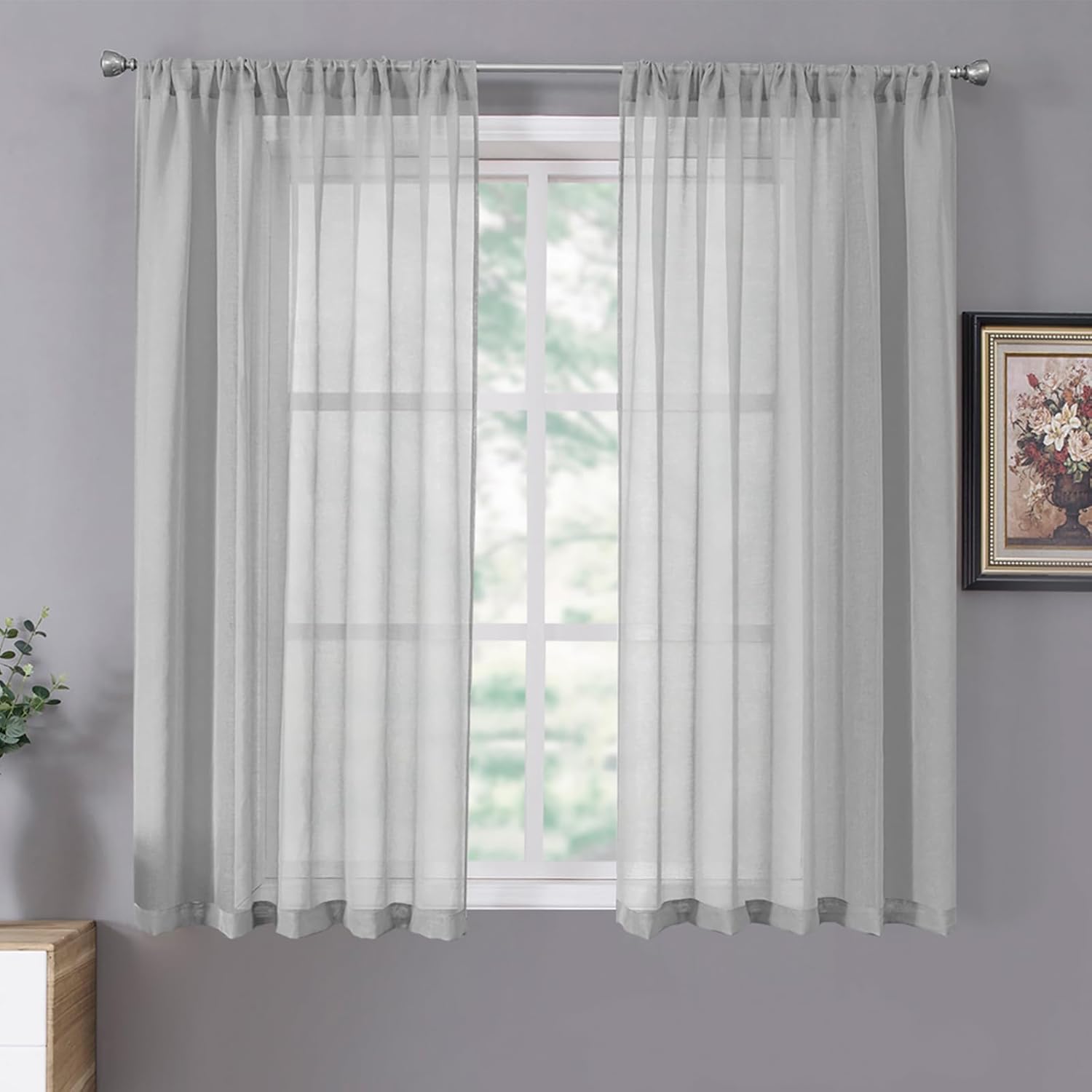 Tollpiz Short Sheer Curtains Linen Textured Bedroom Curtain Sheers Light Filtering Rod Pocket Voile