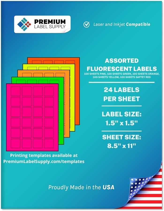 Premium Label Supply Bright Neon Color Fluorescent Sticker Labels - 1.5" x 1.5" Square Labels