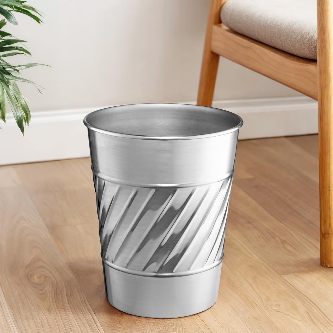 Monarch Abode Nickel Chrome Handcrafted Wave Embossed Metal Wastebasket for Home Office, Decorative