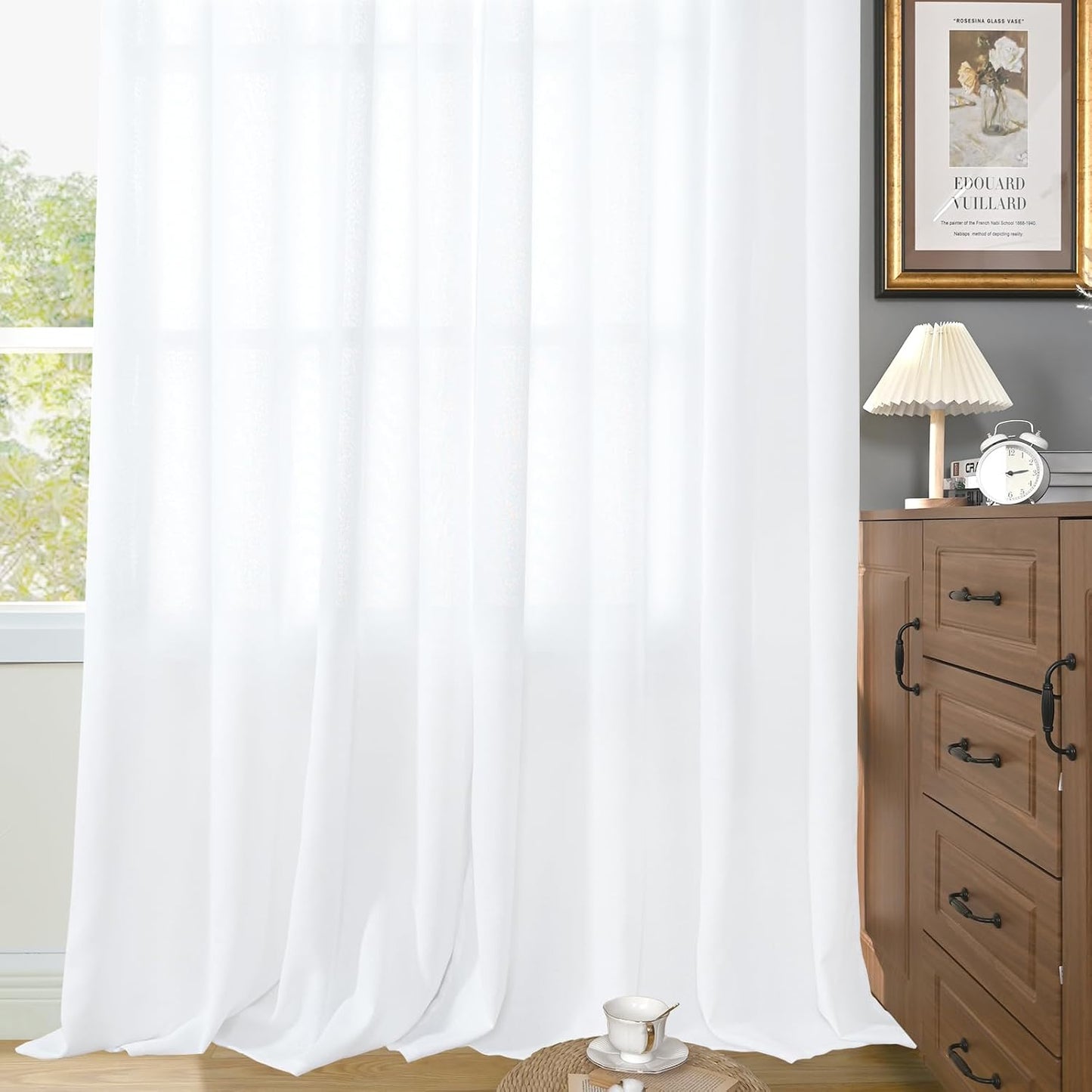 YoungsTex White Linen Semi Sheer Curtains for Living Room 84 Inch Length 2 Panels - Light Filtering