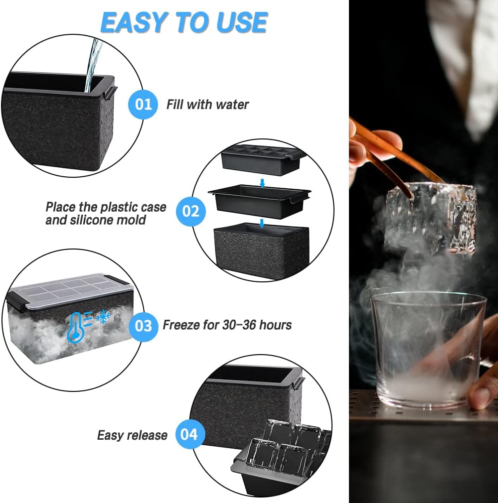 TINANA Upgrade 2 Inch Clear Ice Cube Tray Make 8 Large Square Crystal Clear Ice Cube Maker for