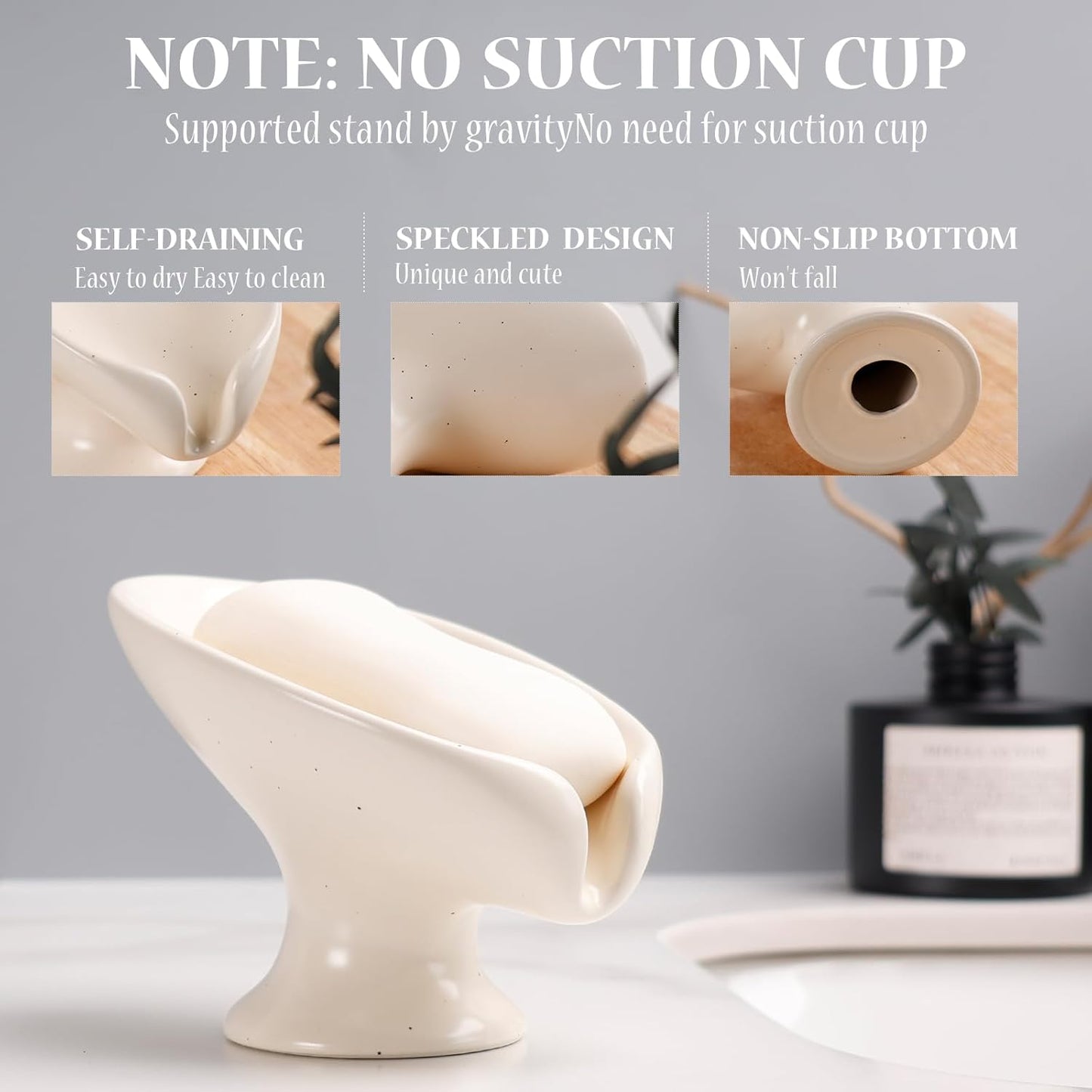 Soap Dish, Self Draining Bar Soap Holder for Bathroom Sink, Leaf Shaped Drainage Ceramic Speckled