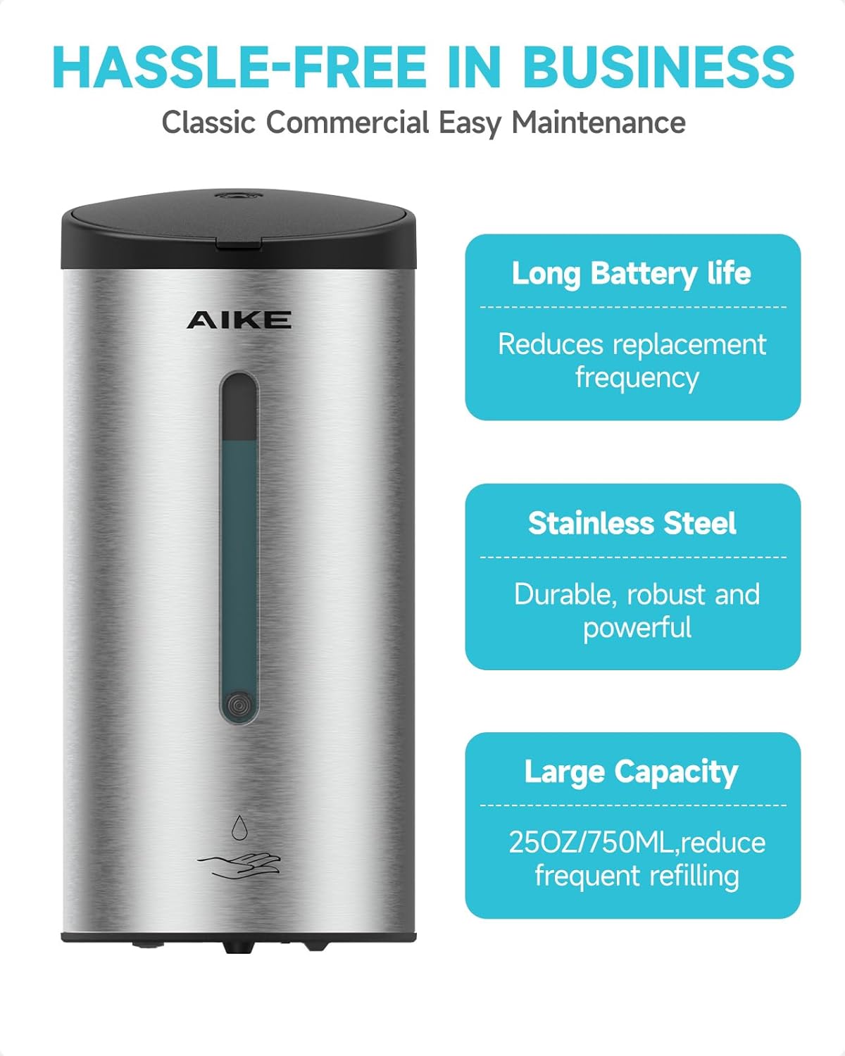 AIKE Automatic Wall Mount Liquid Soap Dispenser, Commercial Stainless Steel with 25oz Large