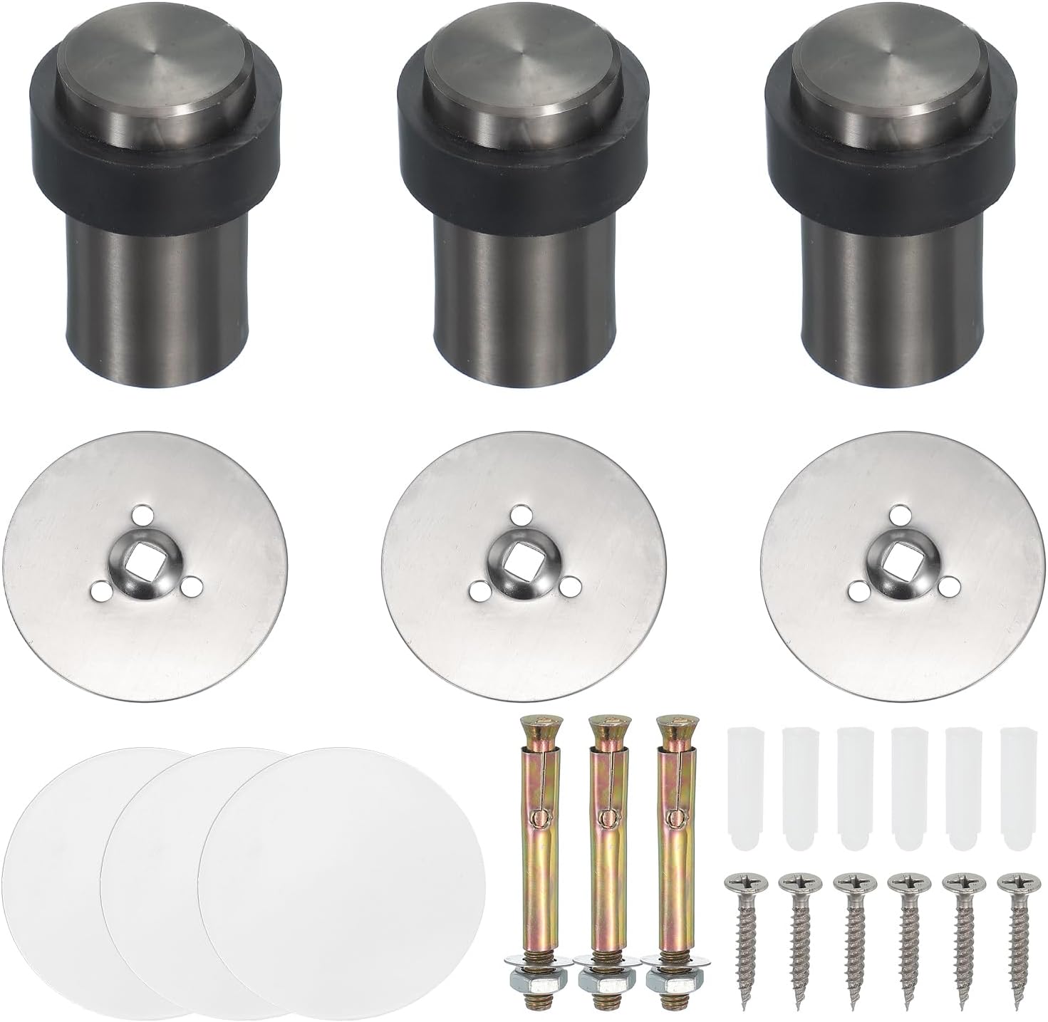 PATIKIL 3Set Round Door Stoppers, 60mm Stainless Steel Door Stop Doorstop Wedge Metal Cylinder Self