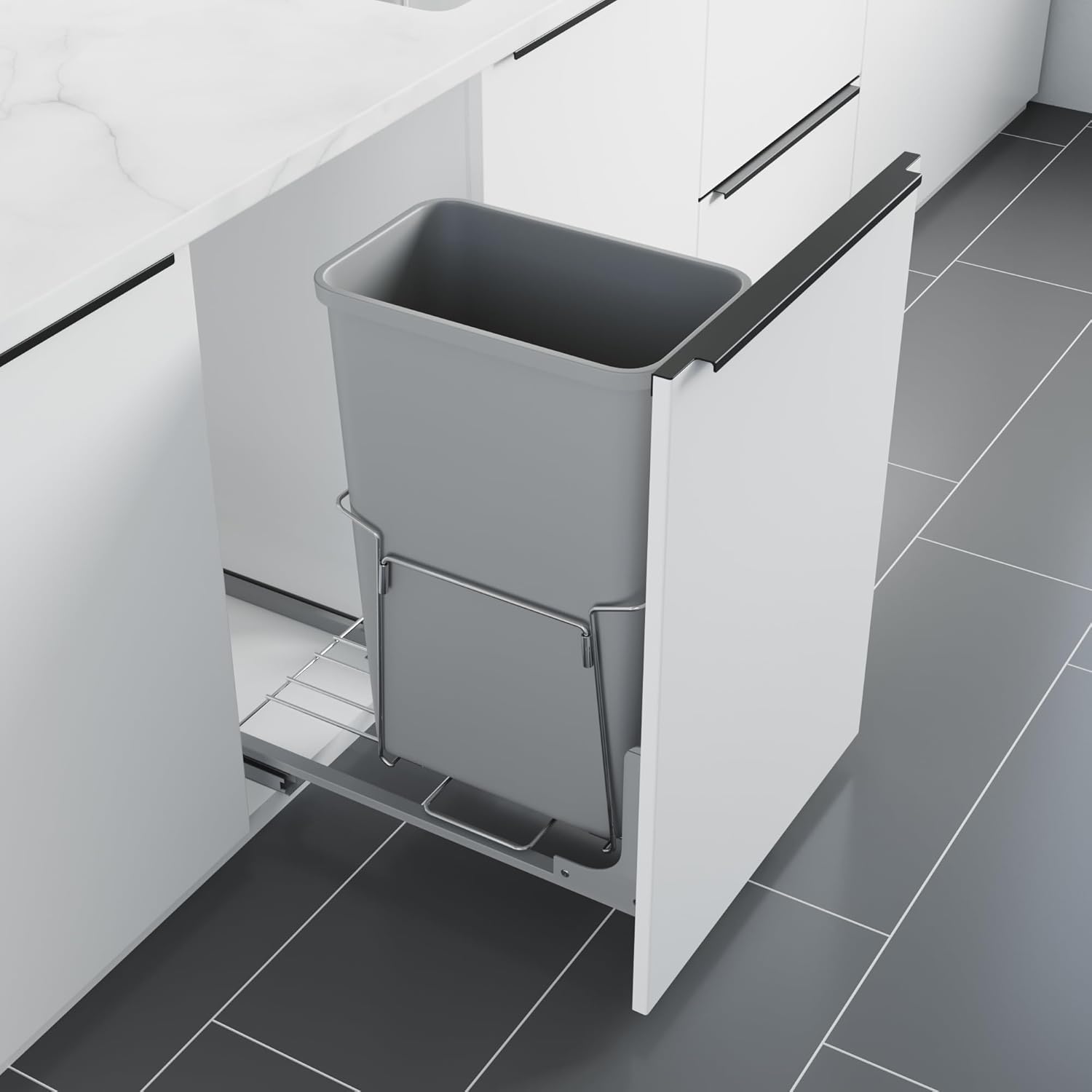 Dowell B15 Aluminum Base Wastebasket Pullout with Door Mount and 50Qt/13Gal Plastic Bin (4012