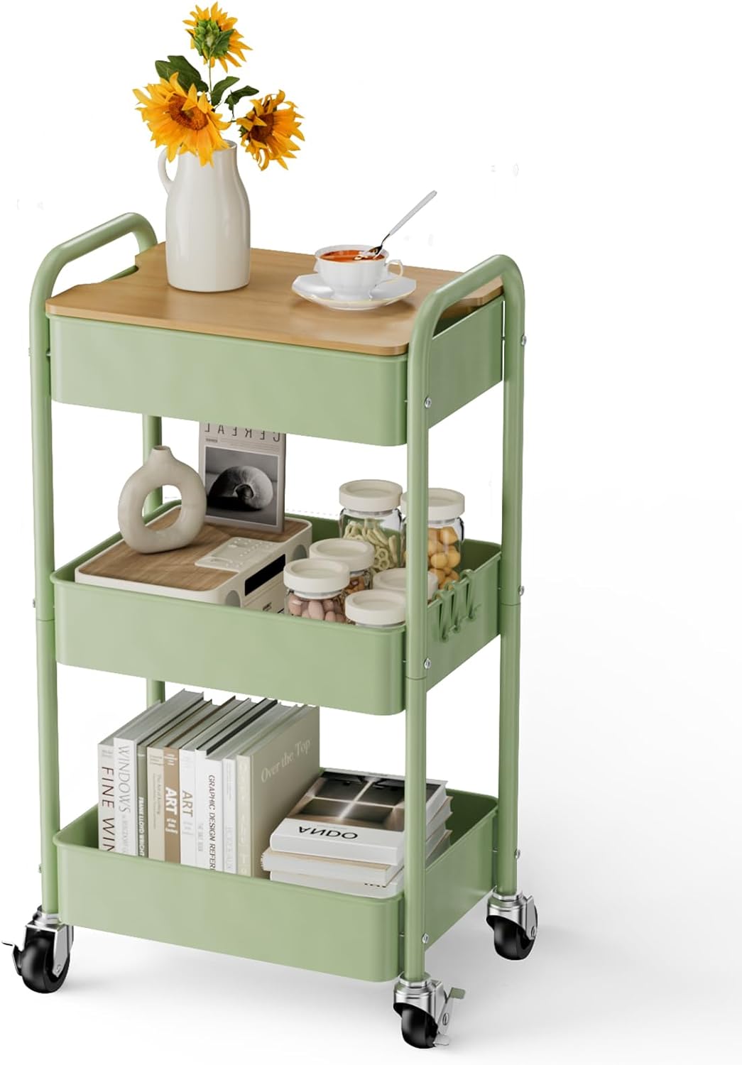 3 Tier Rolling Cart with Table top, Metal Rolling Utility Cart, Sturdy Storage Organizer Cart with