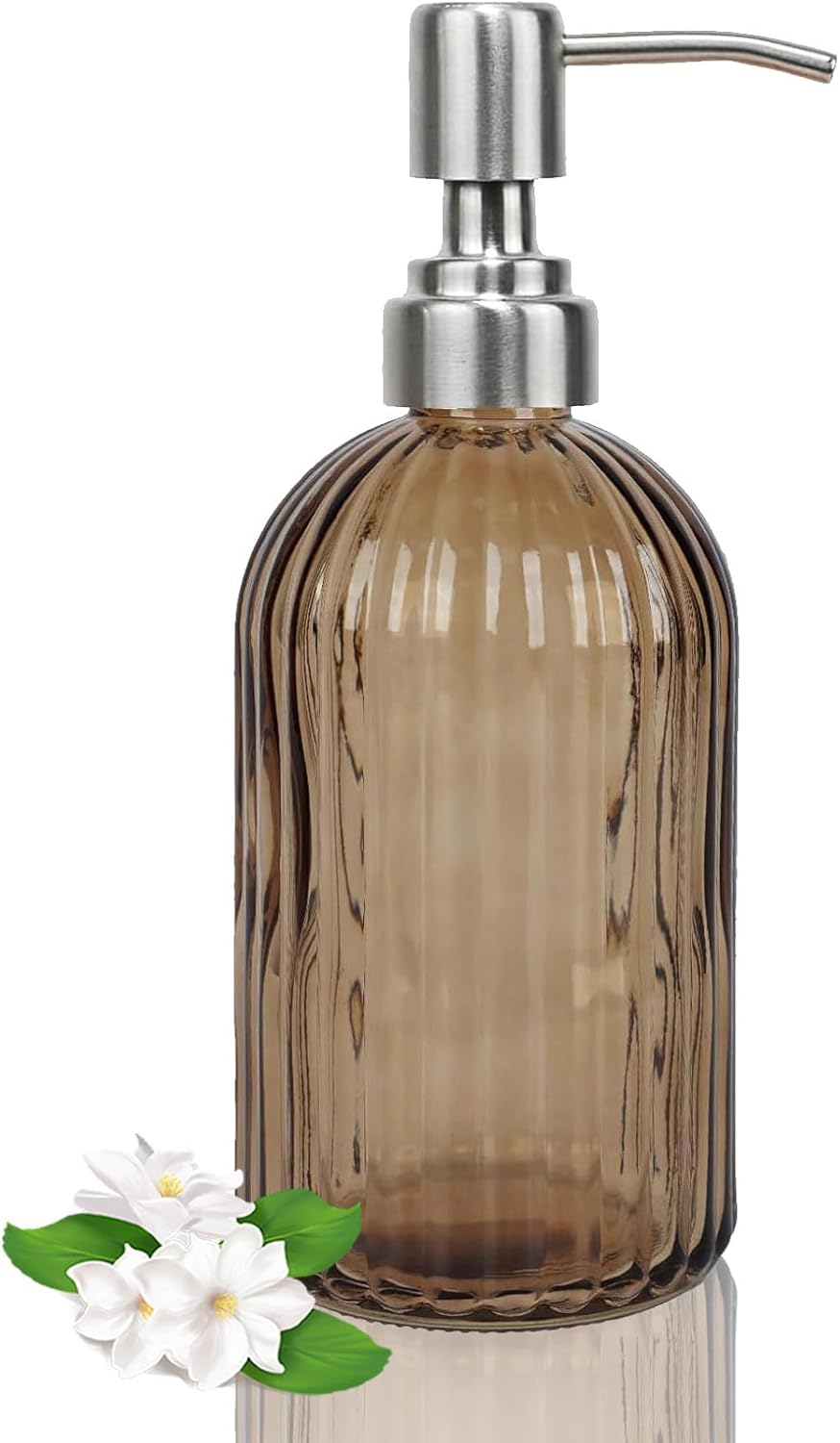 14Oz Brown Soap Dispenser Bathroom, Clear Glass Hand Soap Dispensers with Stainless Steel Pump