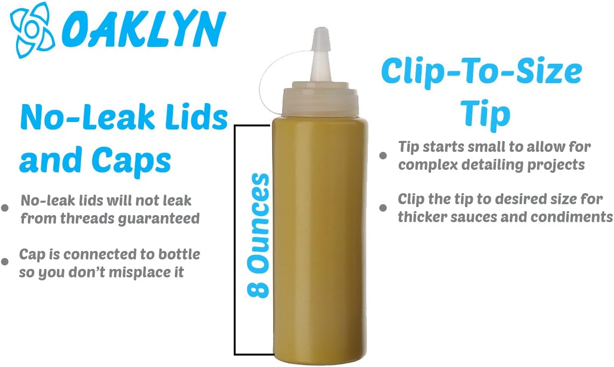 Oaklyn Squeeze Bottles 8oz 6 Pack - Reusable Condiment Bottles for Sauces Liquids BPA-Free Leak