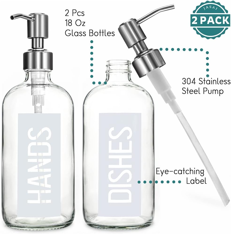 JASAI 2Pack 18OZ Glass Soap Dispenser with Rustproof 304 Stainless Steel Pump, Kitchen Soap