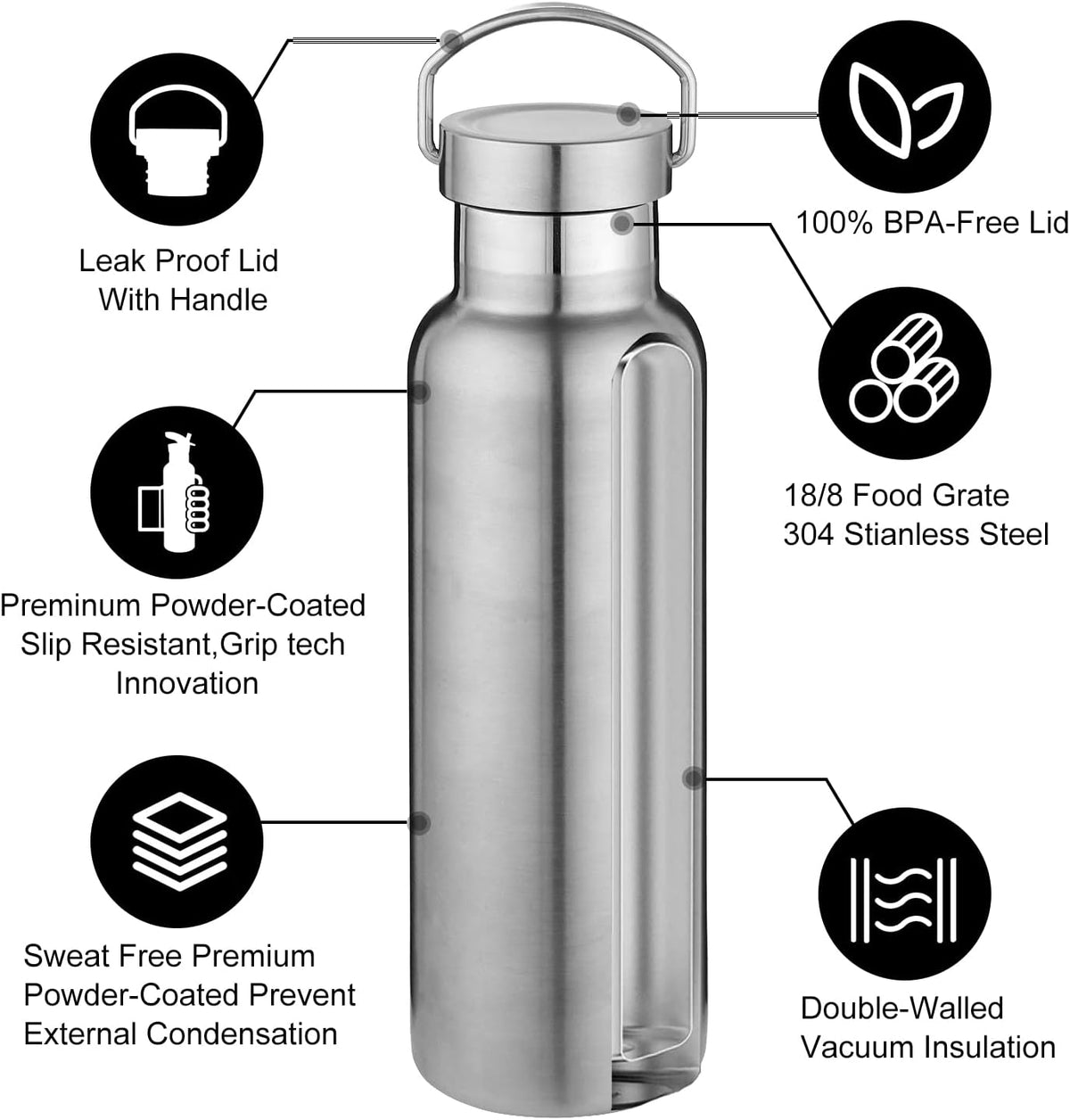 Neihepal Silver Stainless Steel Water Bottles,20 Ounce Vacuum Insulated Double Wall Travel Bottle