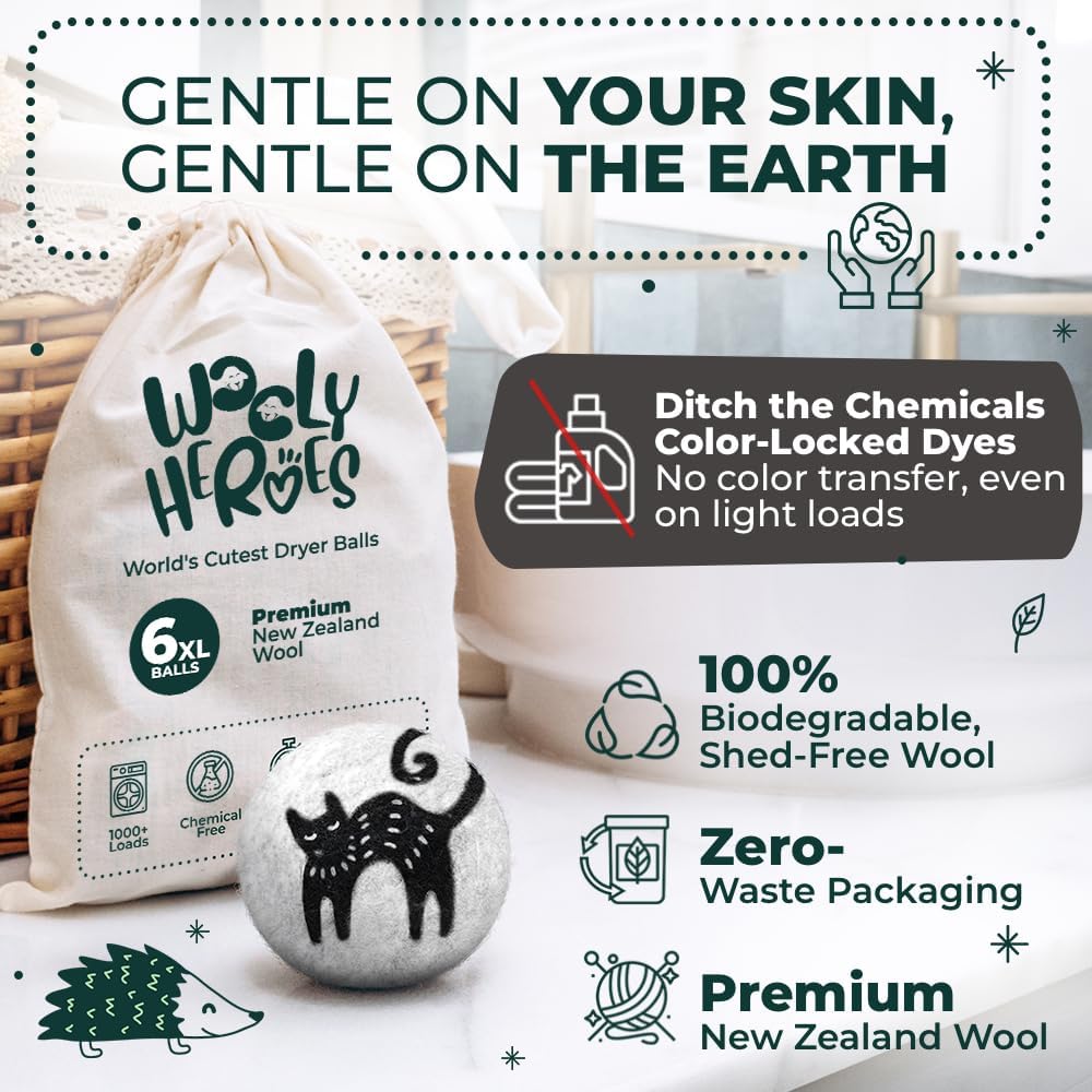 No More Dryer Sheets! Reusable Wool Dryer Balls XL 6-Pack - Reduces Static, Cuts Dry Time, &