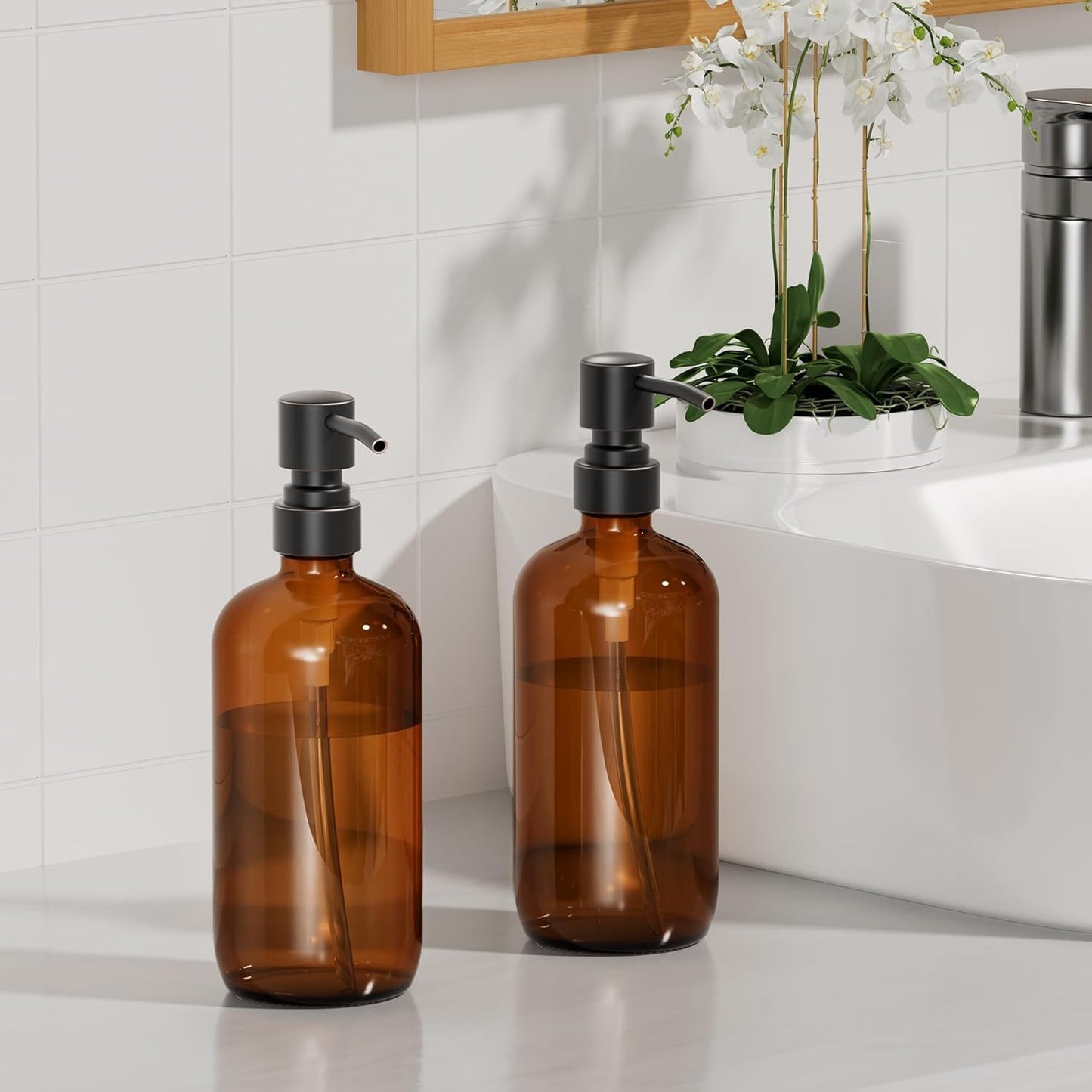 AmazerBath Amber Glass Soap Dispensers, 2 Glass Amber Pump Bottles, 17 Oz Dish Soap Dispenser
