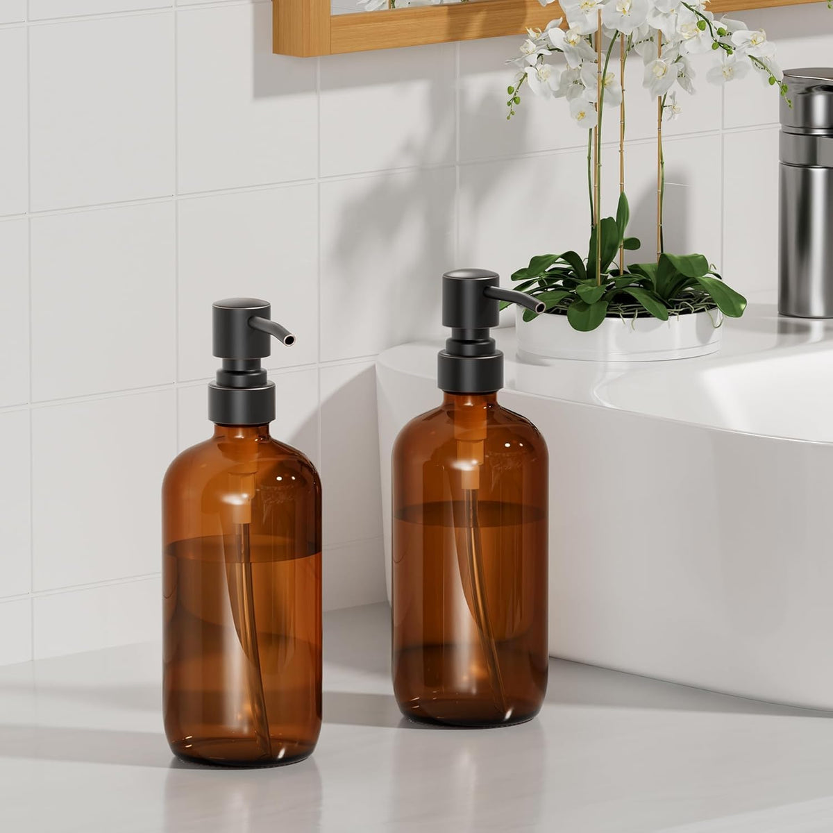 AmazerBath Amber Glass Soap Dispensers, 2 Glass Amber Pump Bottles, 17 Oz Dish Soap Dispenser