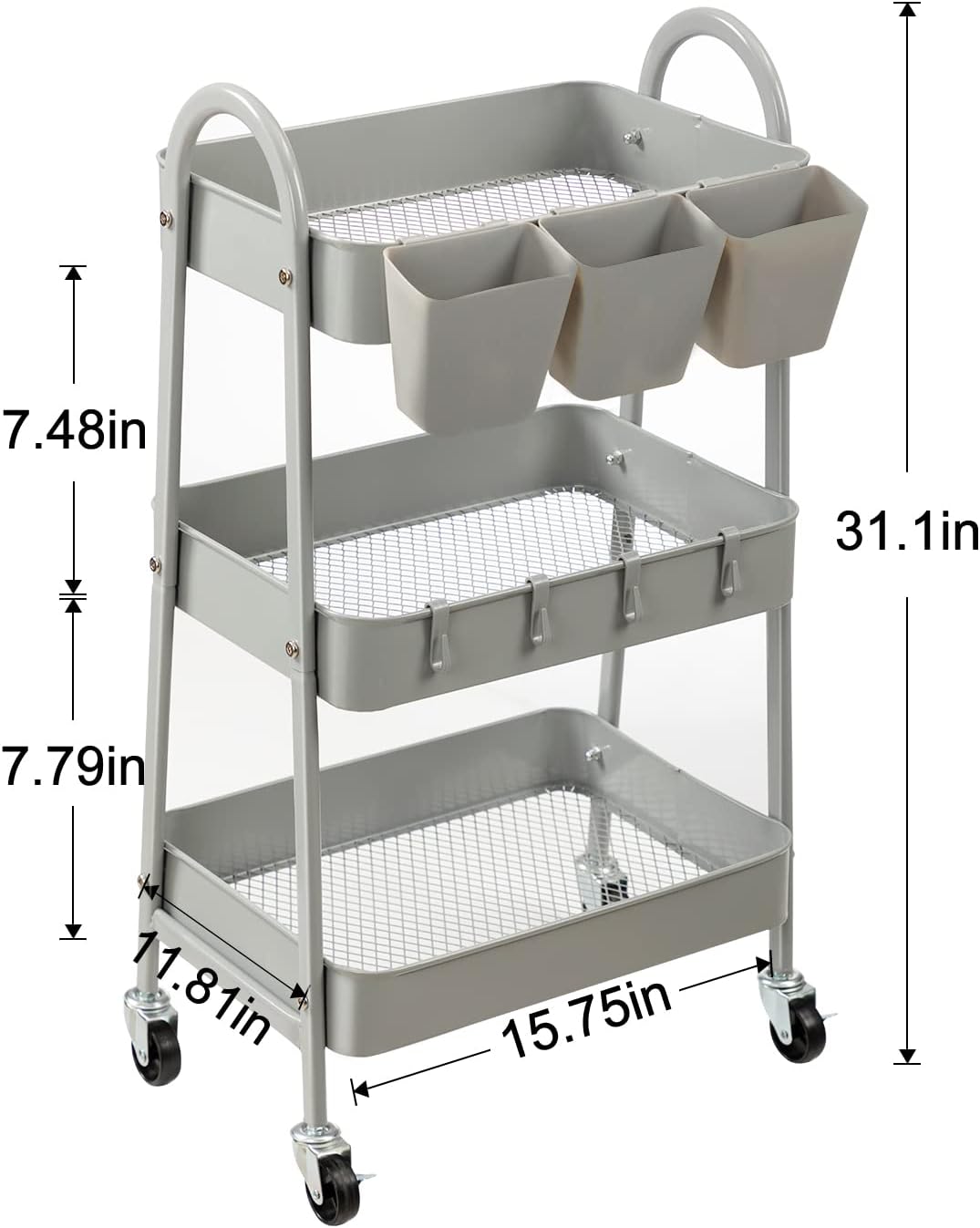 danpinera 3-Tier Rolling Cart, Metal Rolling Storage Cart with Lockable Wheels & Hanging Cups &
