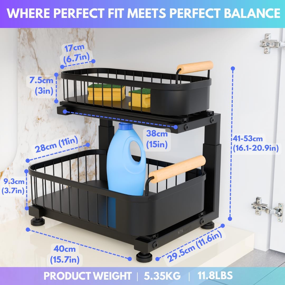 Premium Heavy Duty Carbon Steel Under Sink Organizer, 2 Tier Pull Out Cabinet Organizer, 7