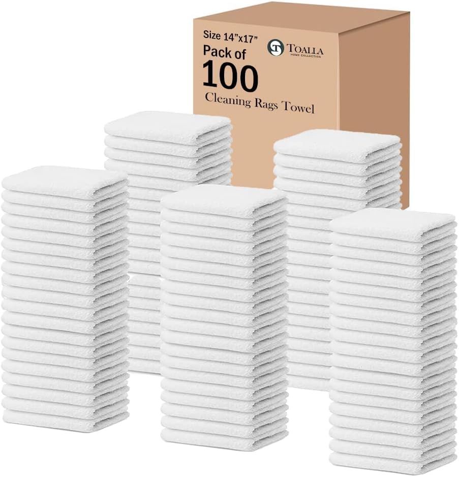 100% Cotton Terry Towel Cleaning Rags Pearl White 14'x17'|Pack of 100|Soft Large Cleaning